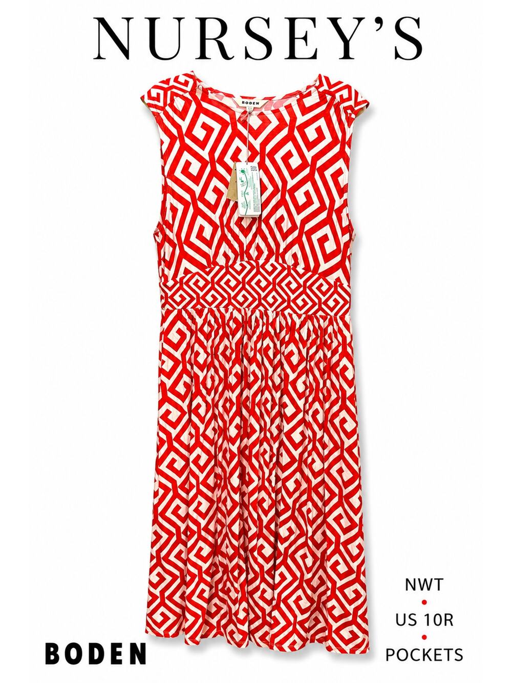 Boden Red White Geometric Print Midi Dress Pockets NWT US 10R